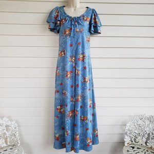 Vintage 70s blue floral maxi dress with empire waist